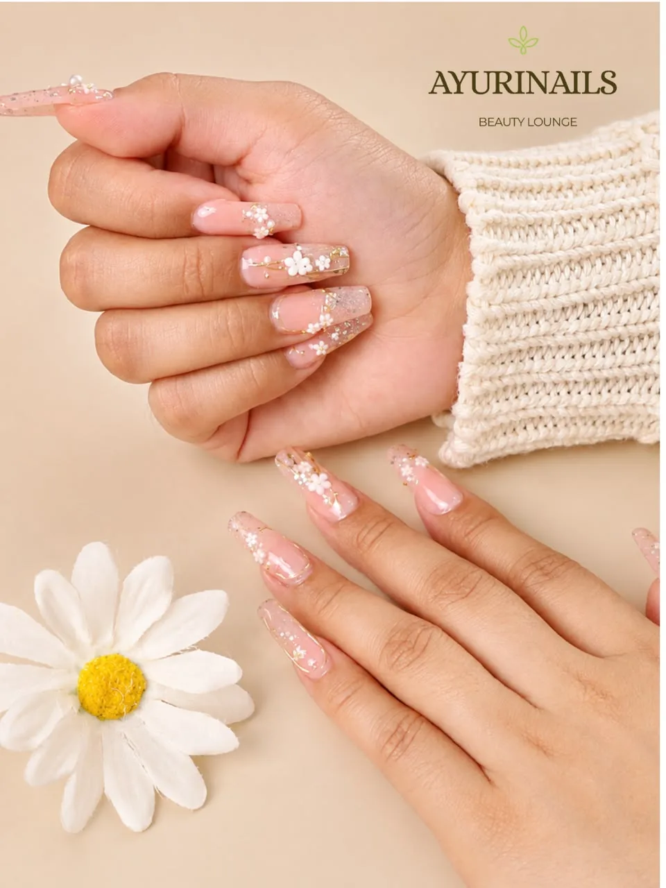 coffin nails with 3D daisy nail art and gold foil, AyuriNails Makati